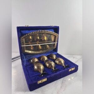 Vintage Brass Set 6 Small Cordial Wine Goblets Tray Original Box